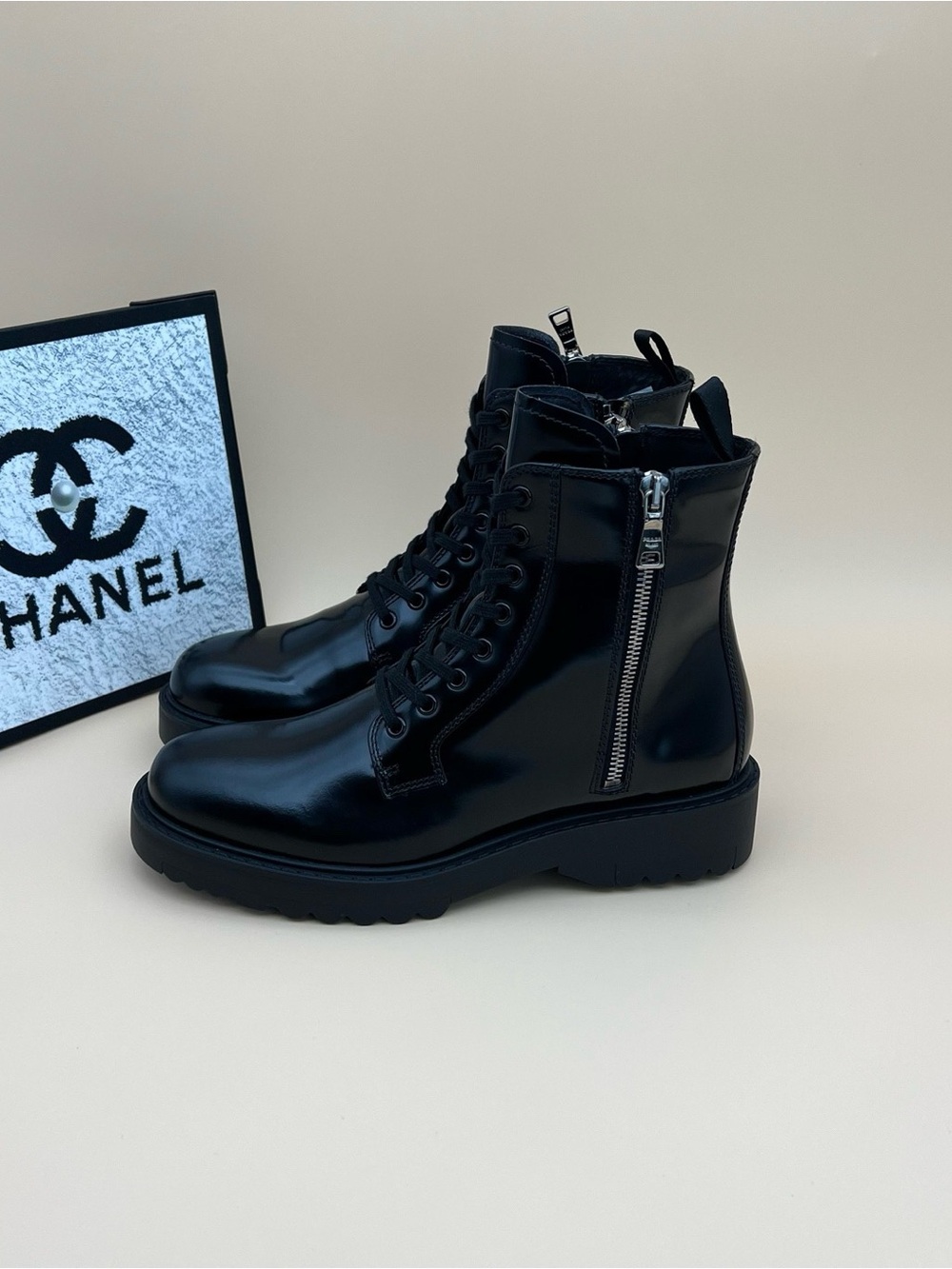 Prada Black Glossy Lace-Up Combat Boots with Side Zipper